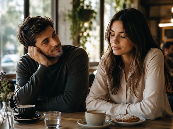 Man showing romantic interest while woman looks unsure during a friendzone conversation at a café