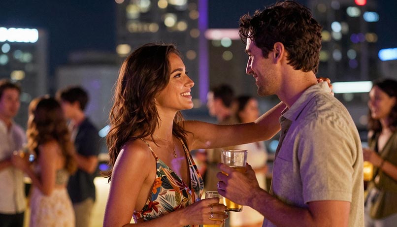 Attractive couple flirting on a warm summer night with city lights in the background