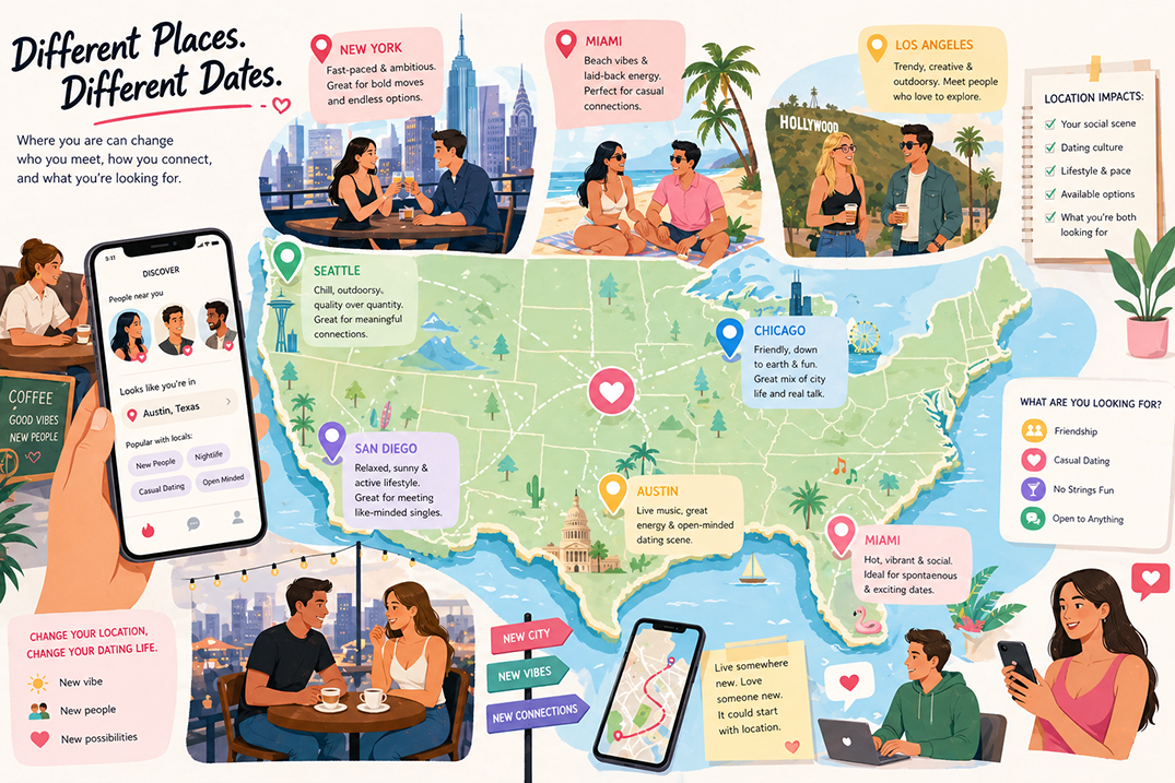 Map pins showing how location affects dating opportunities and romantic connections